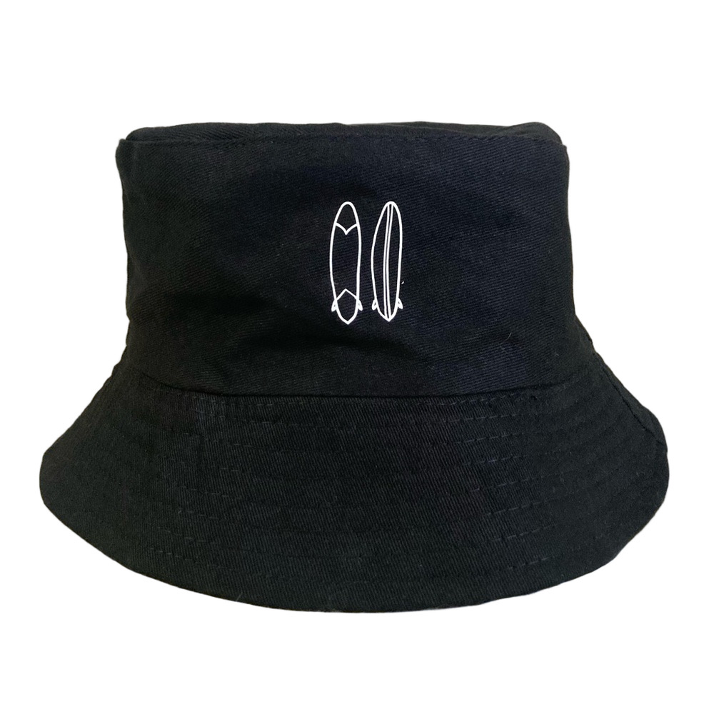 Black Bucket Hat with Surfboard Design